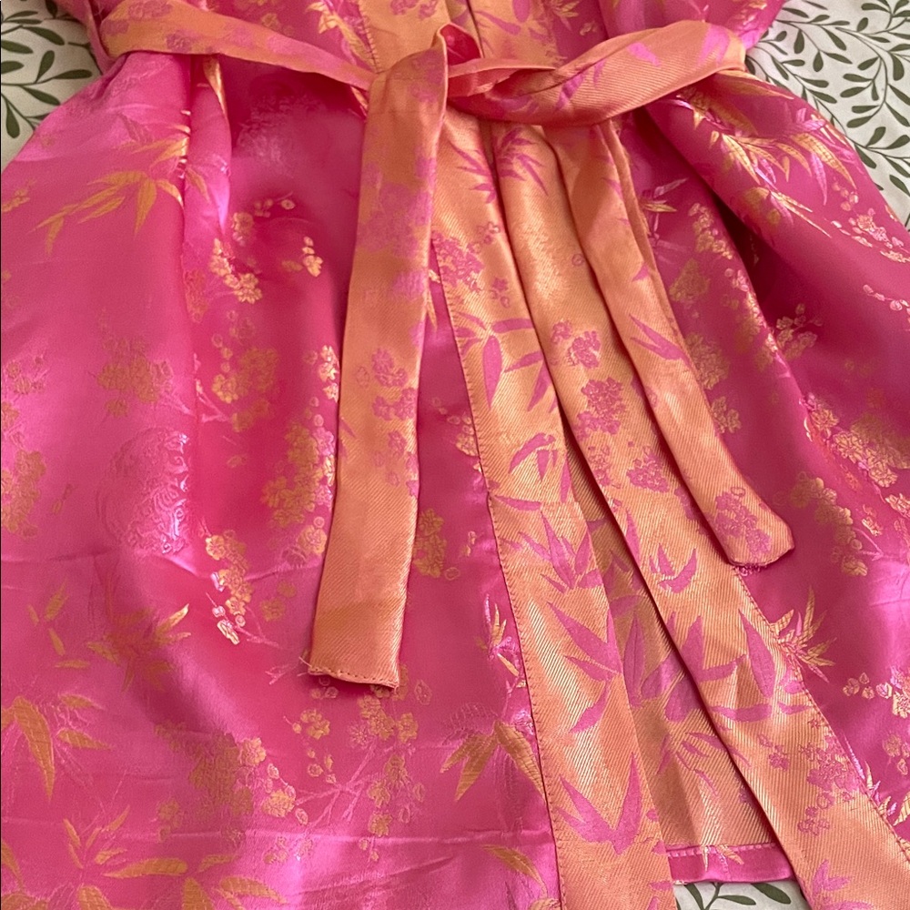 Pink Satin Kimono Robe Traditional with Gold Bamboo & Floral Print - Picture 5 of 11